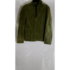 Green Leather Jacket with Stand-Up Collar and Zipper Closure